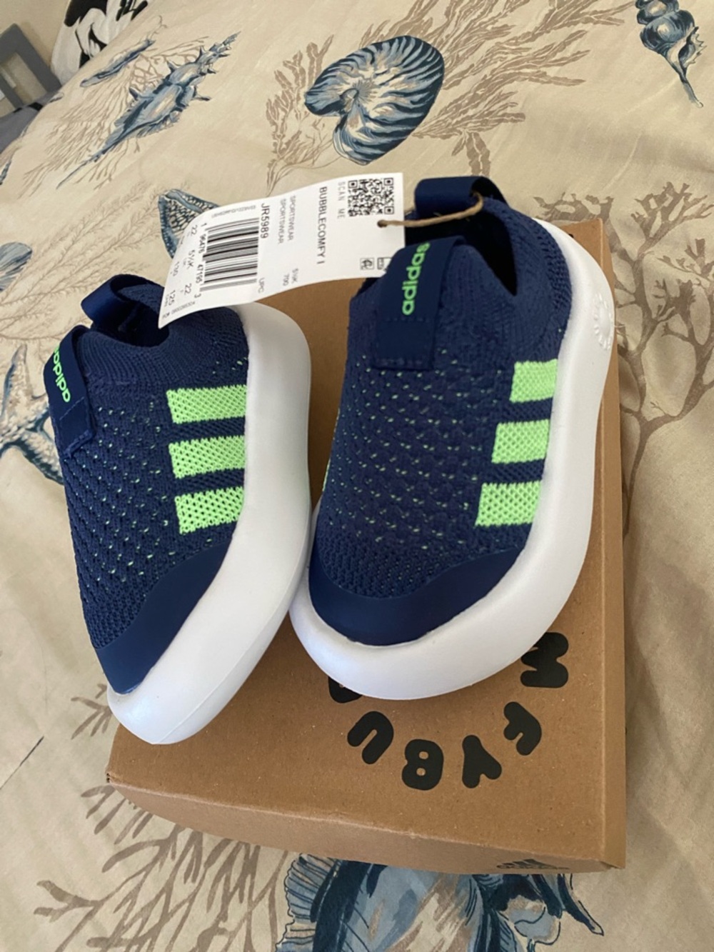 adidas Kids  Bubble Comfy Navy Slip-On Sneakers with Neon Green Stripes